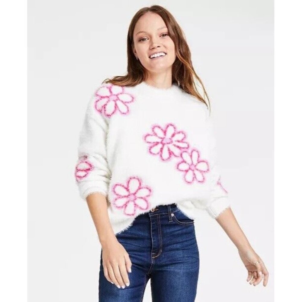 Women Sz Large Eyelash Flutter Fuzzy Soft Crop Mock Floral White Pink